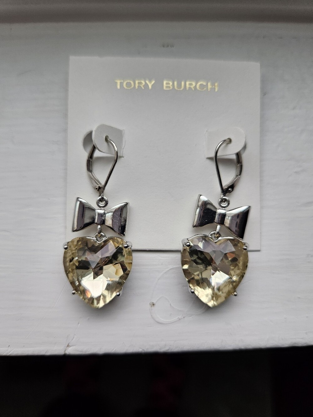 Tory Burch Silver Bow Drop Earrings with Pale Yellow Heart Crystals